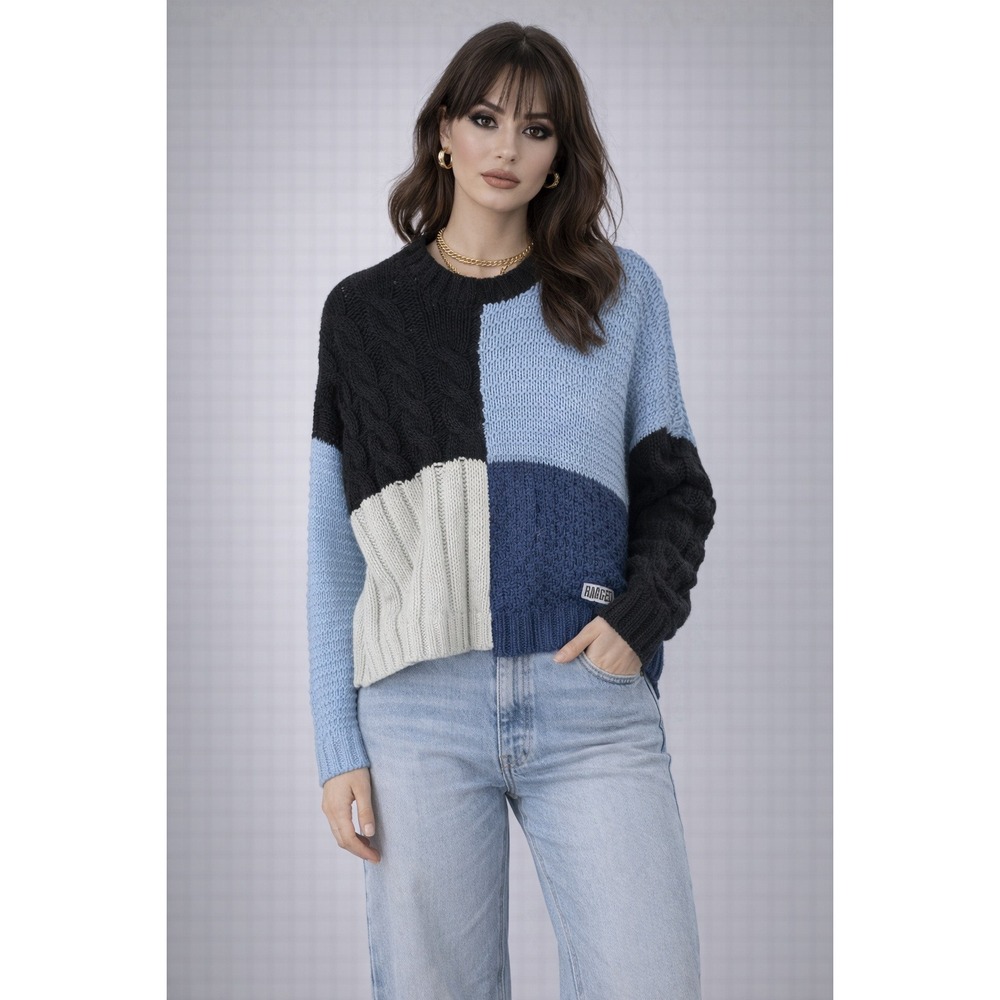 RAGGED PRIEST Colorblock Cable Knit Sweater Blue Black‎ Light Grey Medium